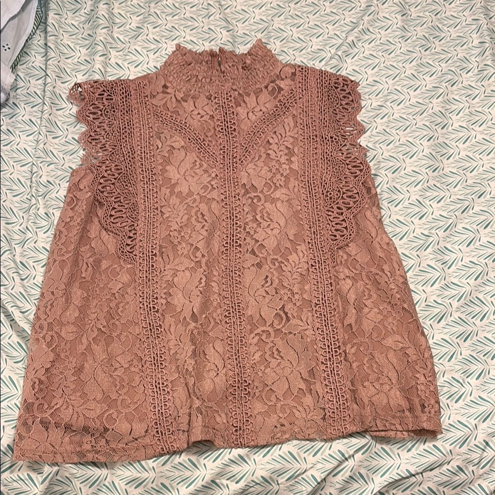 Cable & Gauge Pink Ruffled Mandarin Collar Blouse